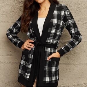 Heart + Soul Changing Leaves Plaid Tie Waist Pocketed Cardigan